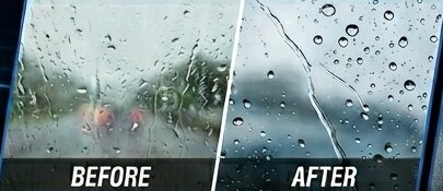 Rain on a windscreen before and after polishing and water repellent coating